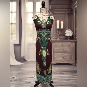 🤎Size Large, INC. Brand! Elegant Green, Yellow, and Brown Maxi Dress💛💚